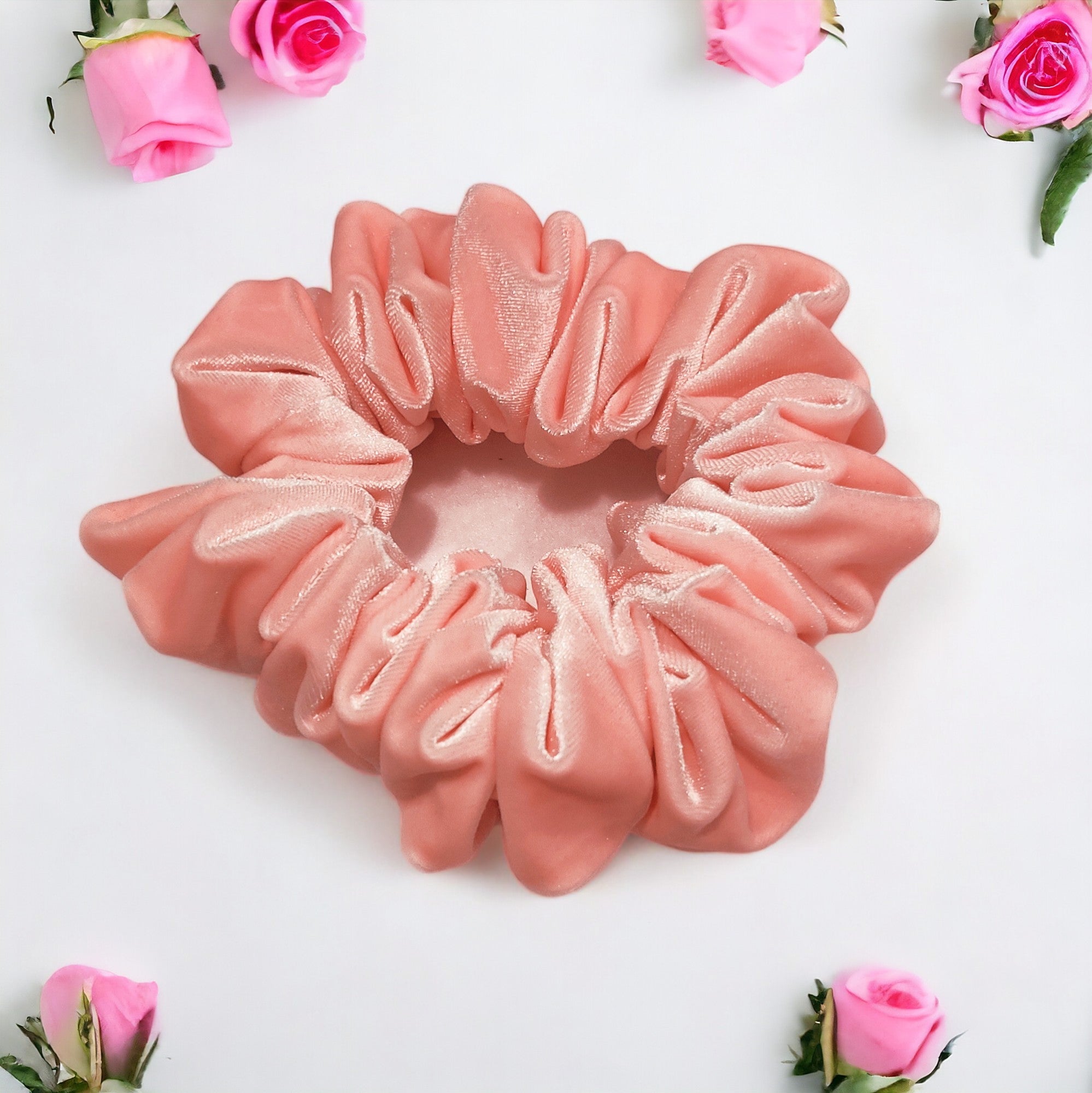 Velvet Blush Elegance: Light Peach Hair Scrunchies in 6 Sizes - Full
