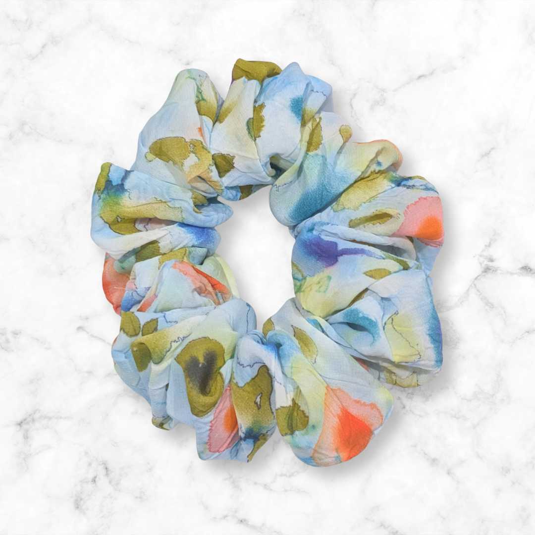 Blue Watercolor Floral Chiffon Scrunchie