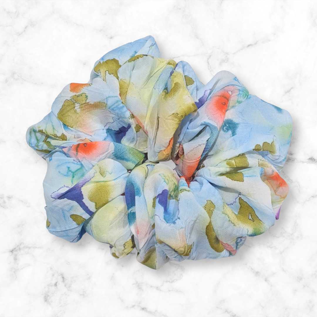 Blue Watercolor Floral Chiffon Scrunchie
