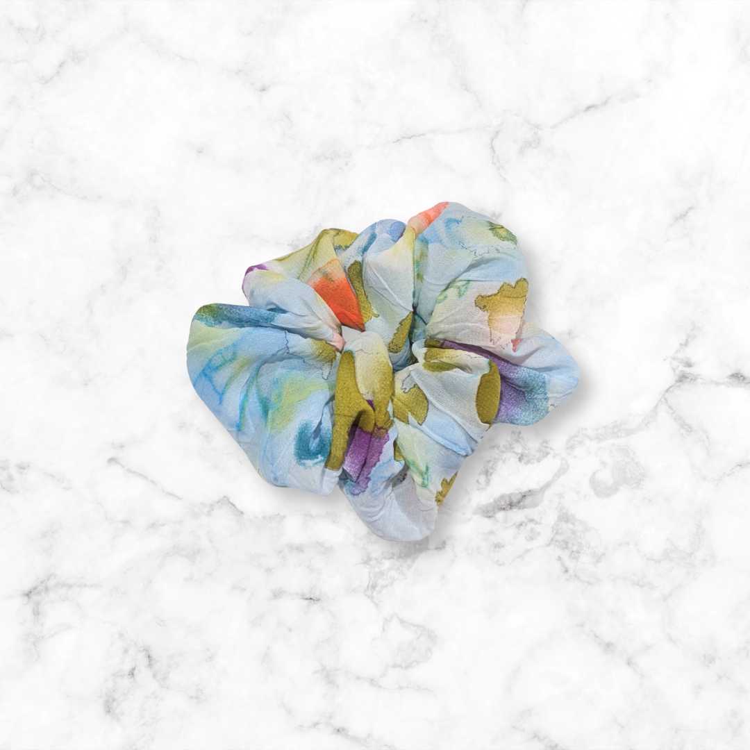 Blue Watercolor Floral Chiffon Scrunchie
