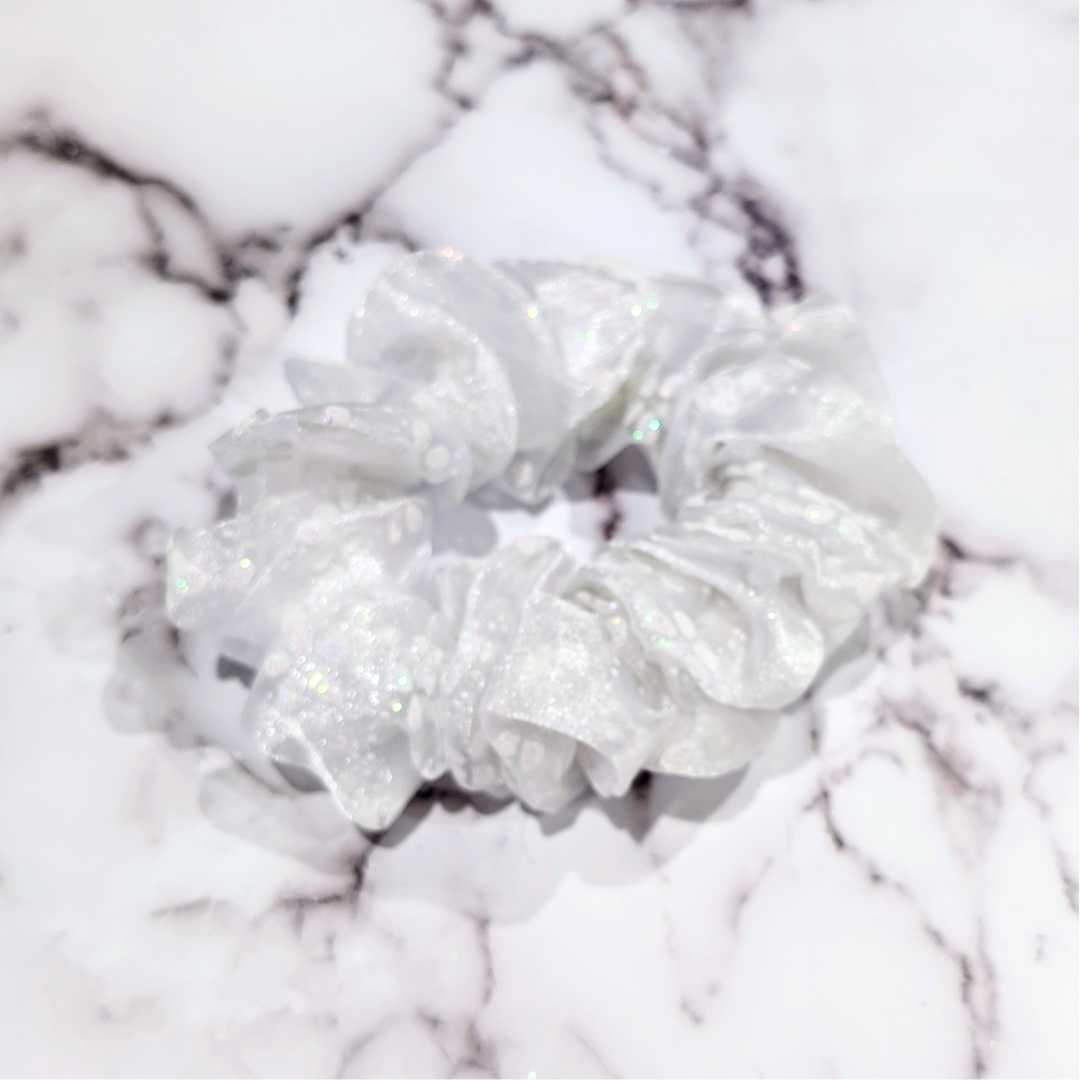 White Floral Organza Hair Scrunchy with Subtle Sparkles