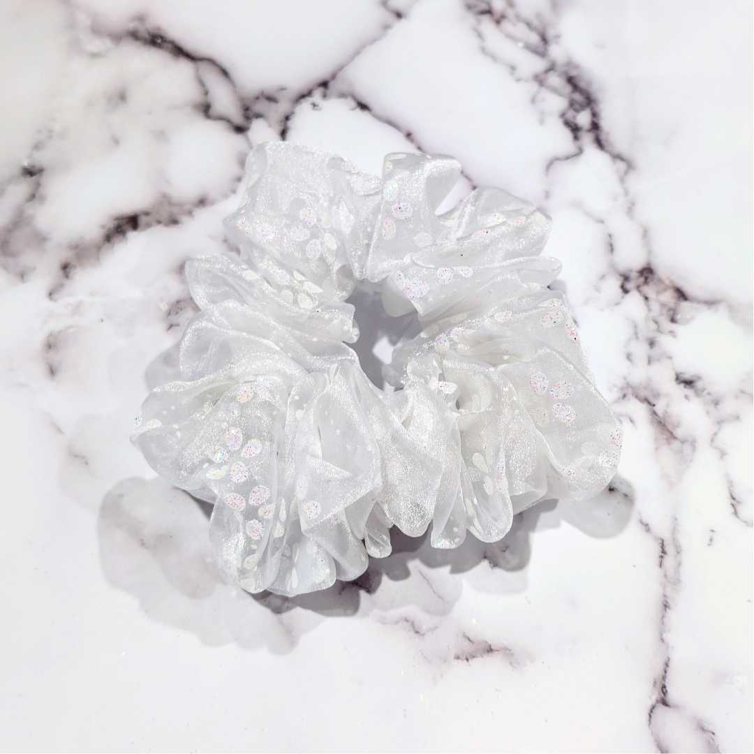 White Floral Organza Hair Scrunchy with Subtle Sparkles