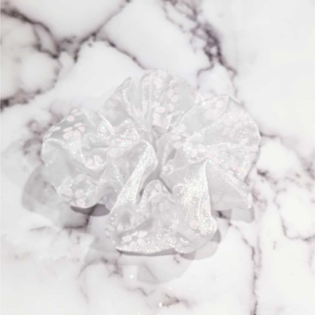 White Floral Organza Hair Scrunchy with Subtle Sparkles