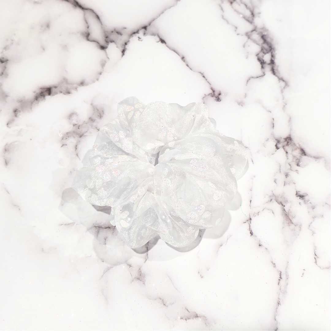 White Floral Organza Hair Scrunchy with Subtle Sparkles