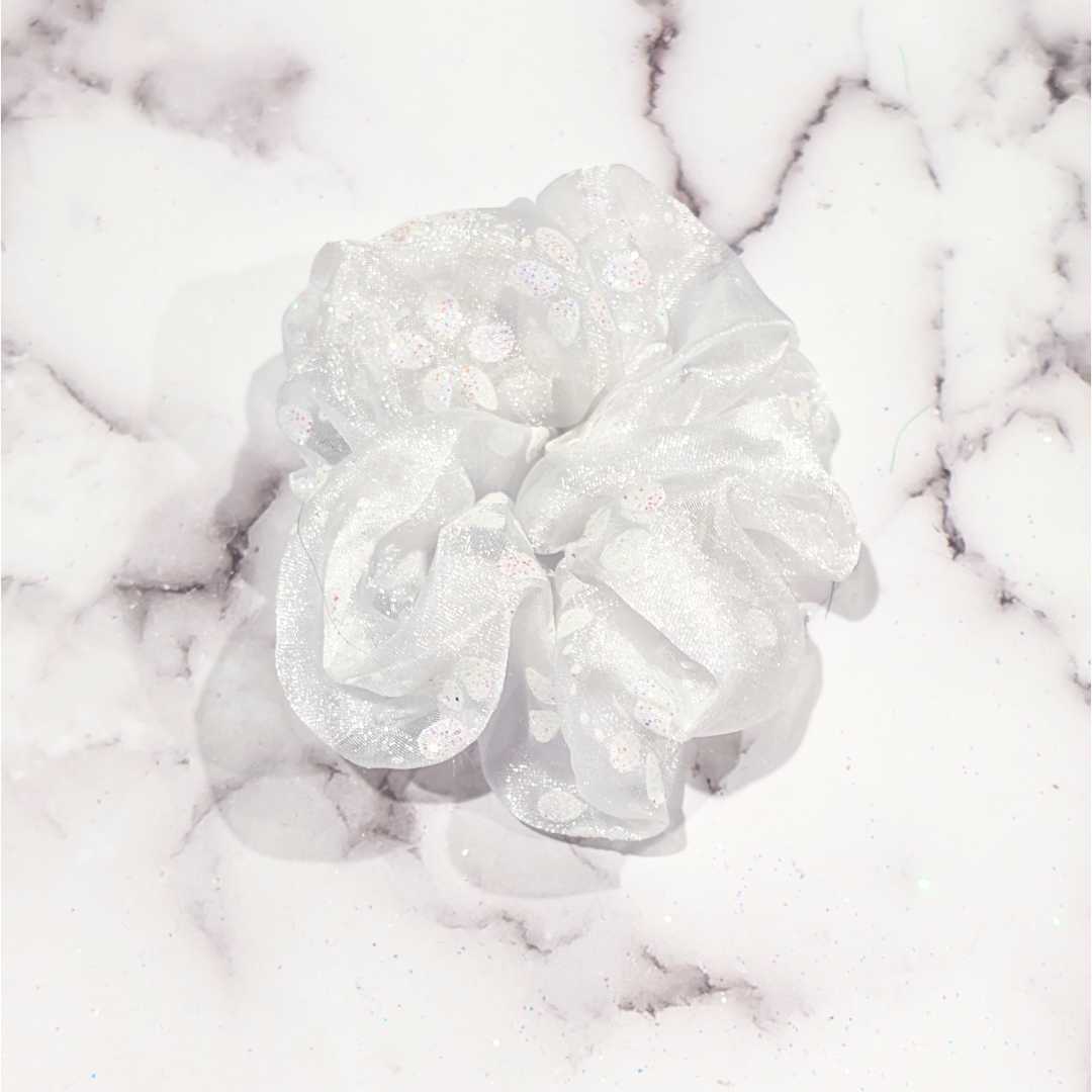 White Floral Organza Hair Scrunchy with Subtle Sparkles