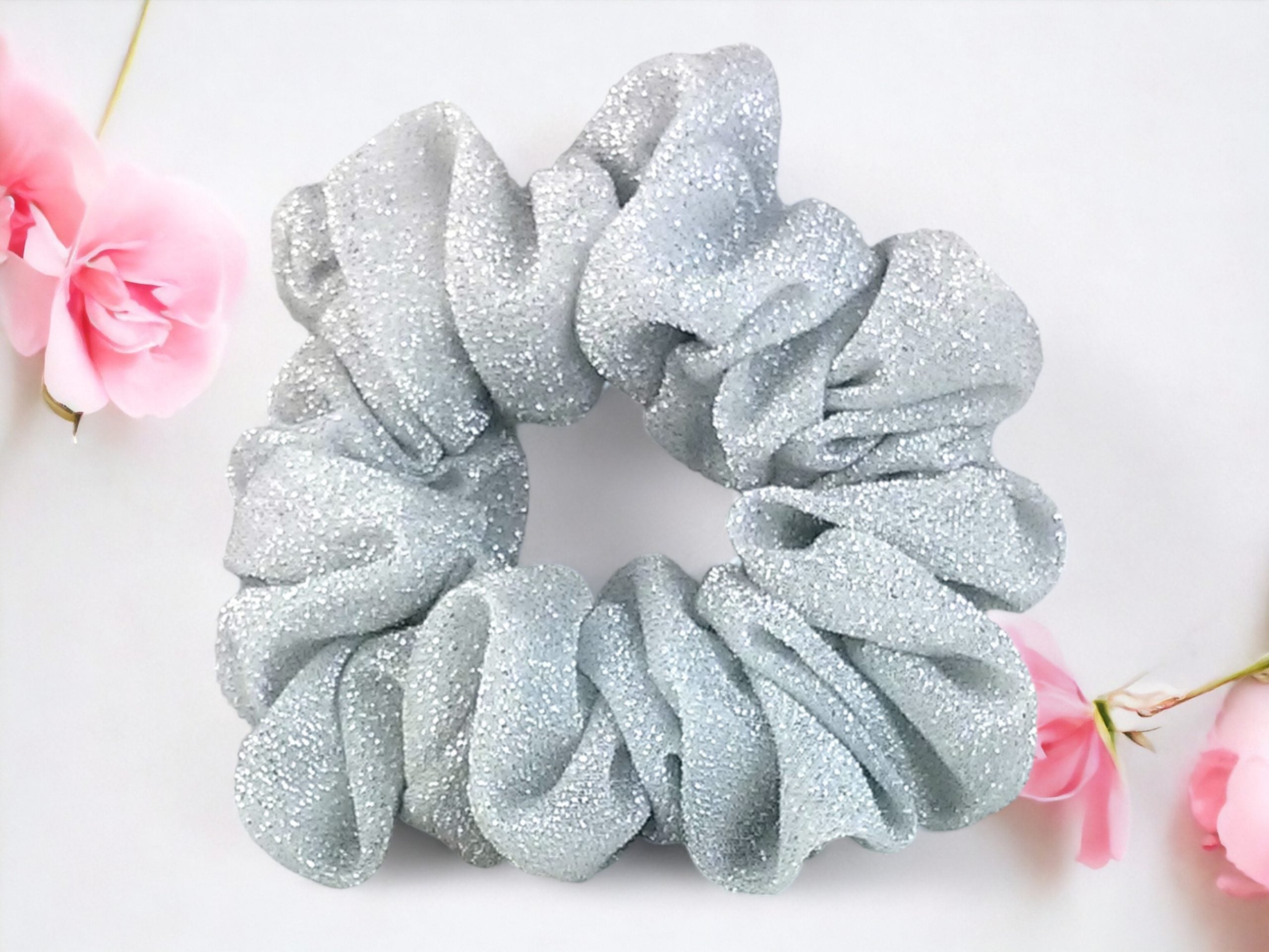 Celestial Shimmer: Silver & White Sparkle Hair Scrunchy - Elevate Your Hairstyle with Radiant Elegance! - Full