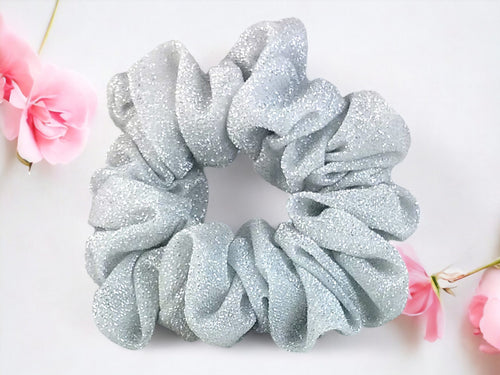 Celestial Shimmer: Silver & White Sparkle Hair Scrunchy - Elevate Your Hairstyle with Radiant Elegance! - Full