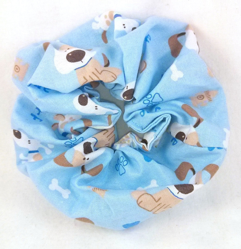Dogs on Light Blue Cotton Scrunchy - Large