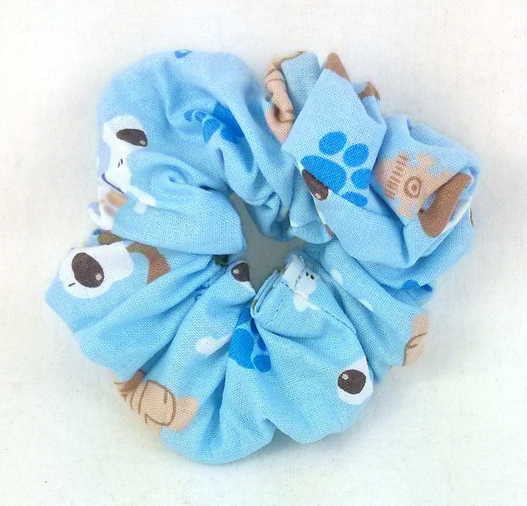 Dogs on Light Blue Cotton Scrunchy - Small