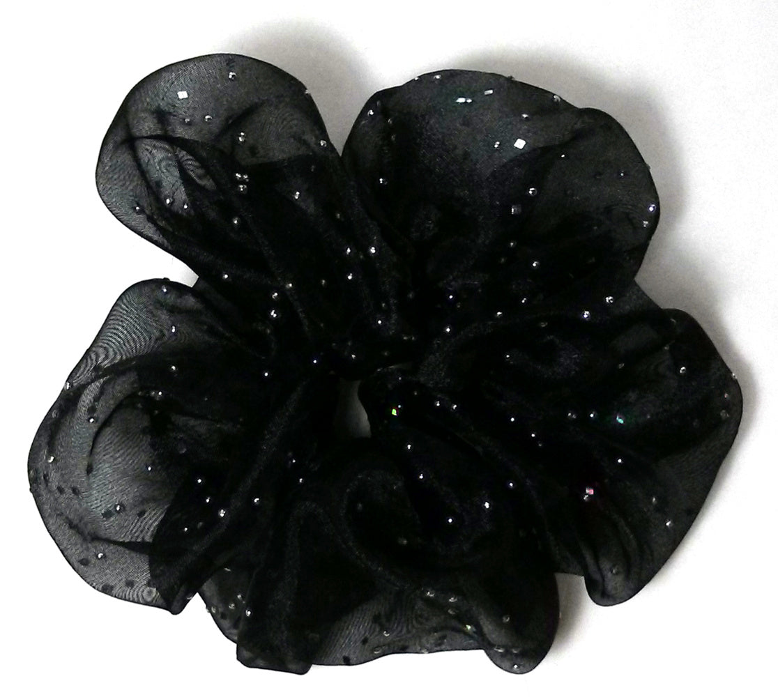 Black/Metallic Sparkly Georgette Hair Scrunchies - Large
