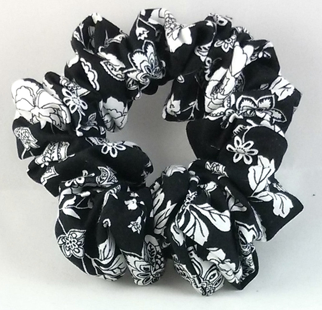 White Flowers on Black Cotton Scrunchy - Full