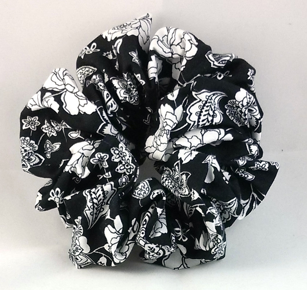White Flowers on Black Cotton Scrunchy - Jumbo