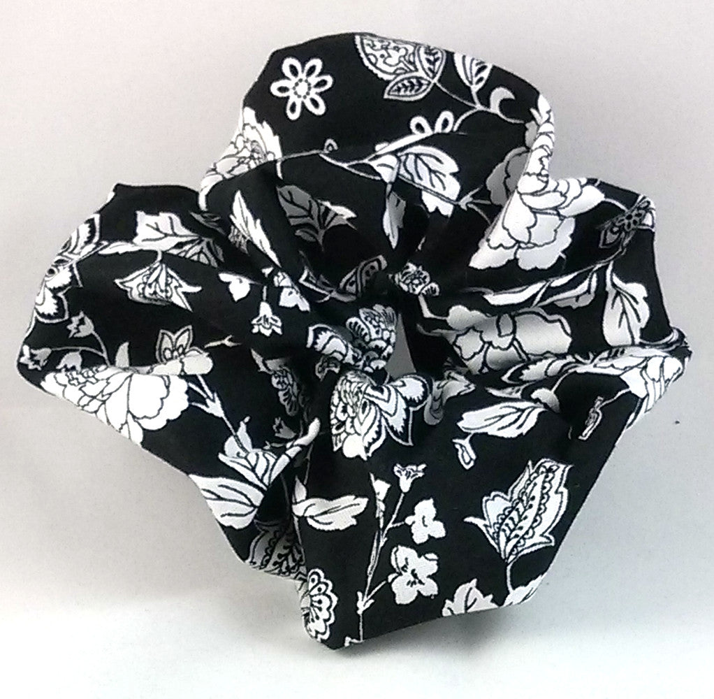 White Flowers on Black Cotton Scrunchy - Large
