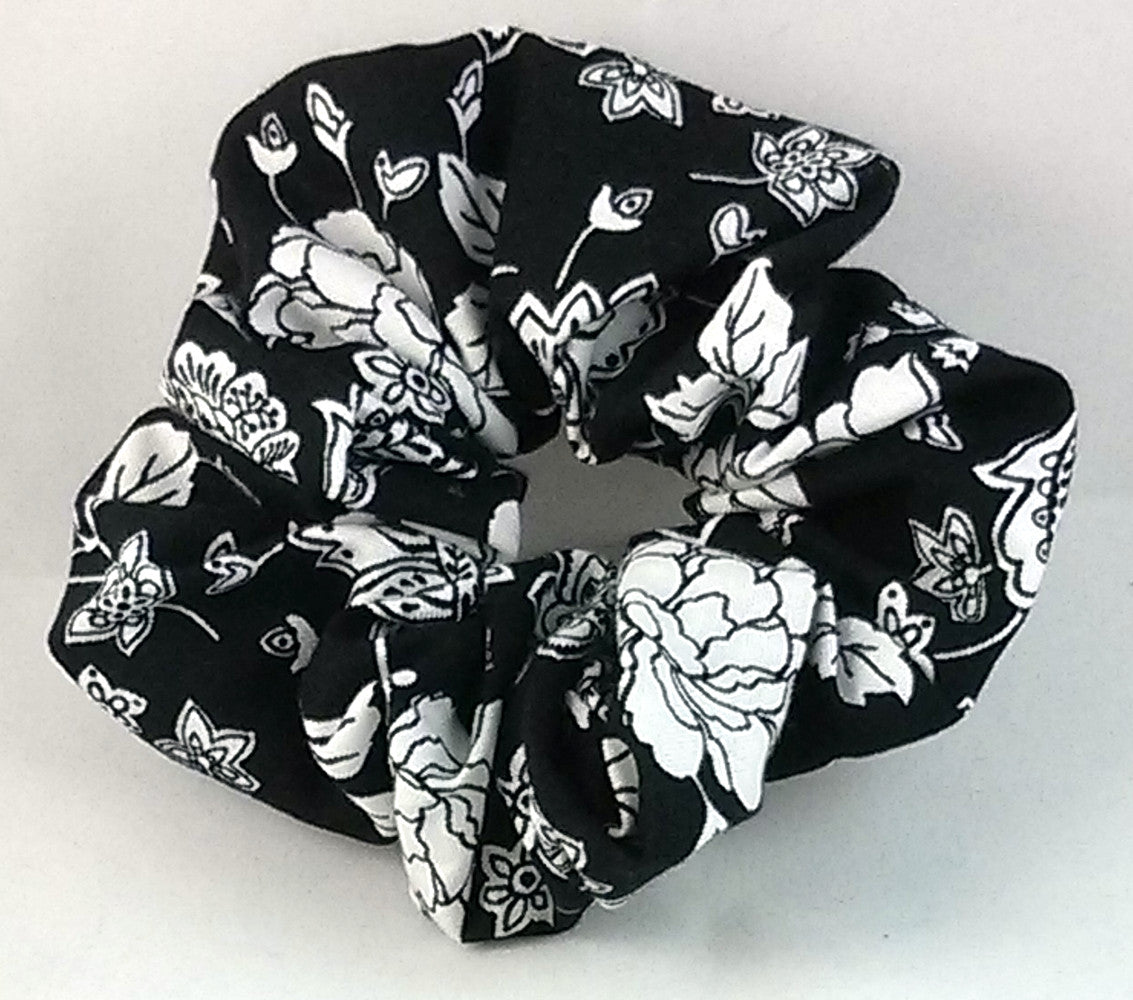 White Flowers on Black Cotton Scrunchy - Regular