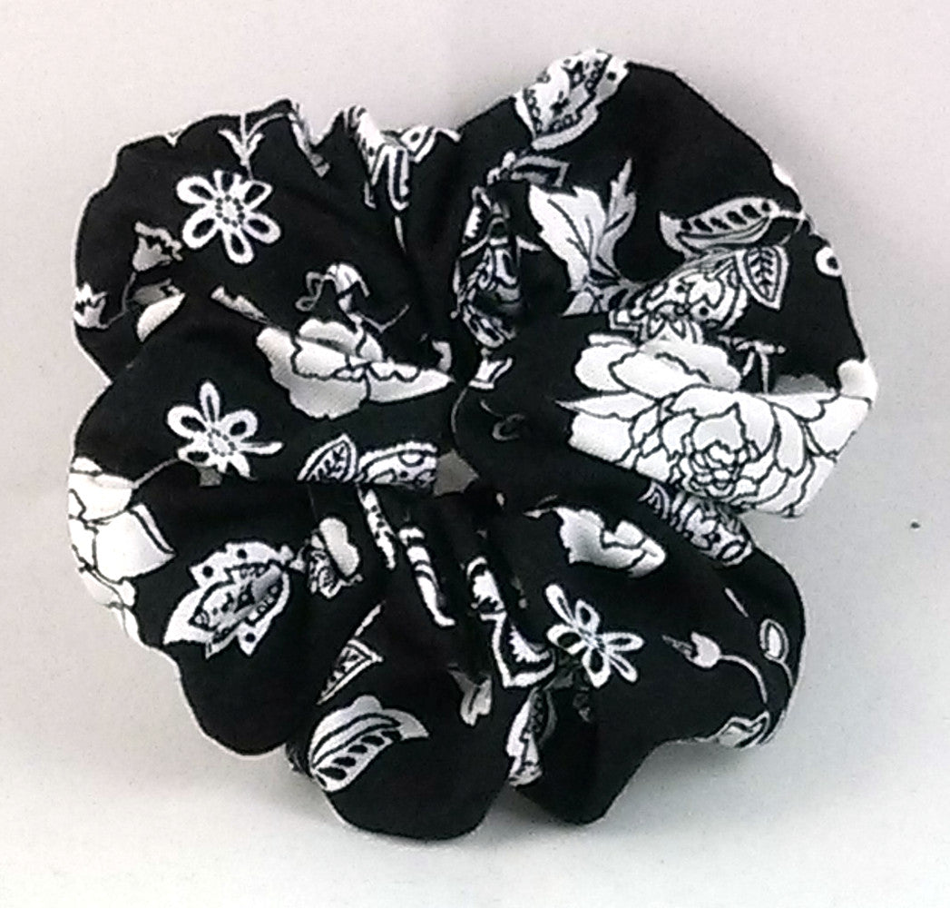 White Flowers on Black Cotton Scrunchy - Small