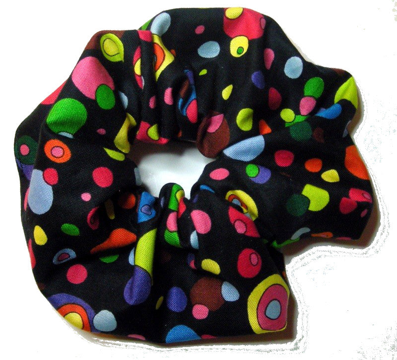 Bright Bubbles on Black Cotton Scrunchy - Large