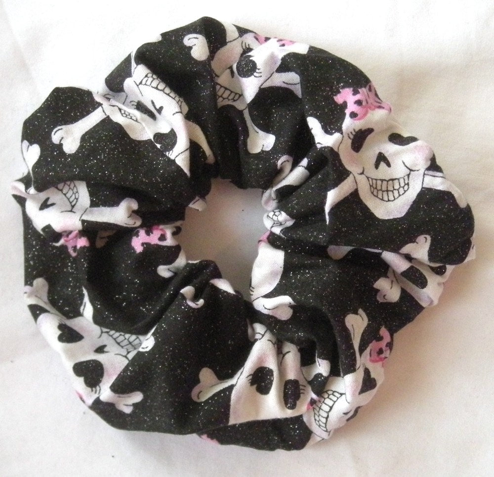 Skulls Glitter Glam Black Scrunchy - Large