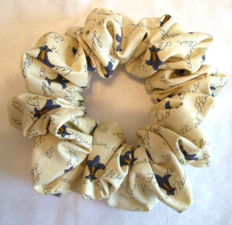 Blue Fleur de Lis on Ivory Cotton Hair Scrunchy - Full