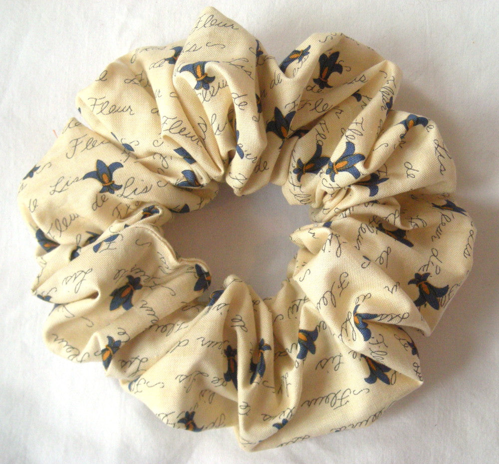 Blue Fleur de Lis on Ivory Cotton Hair Scrunchy - Jumbo