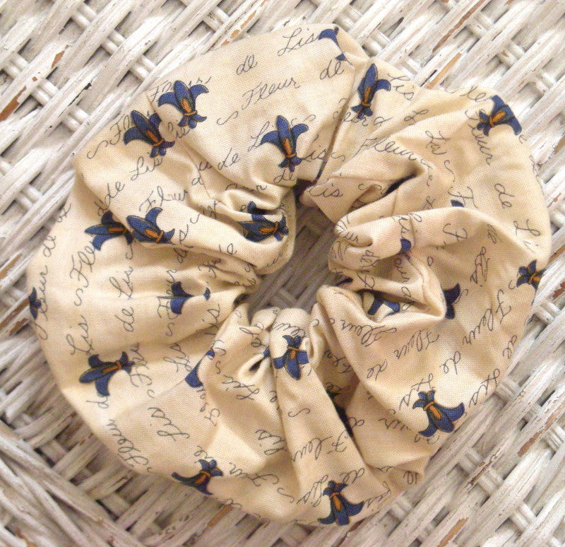 Blue Fleur de Lis on Ivory Cotton Hair Scrunchy - Large