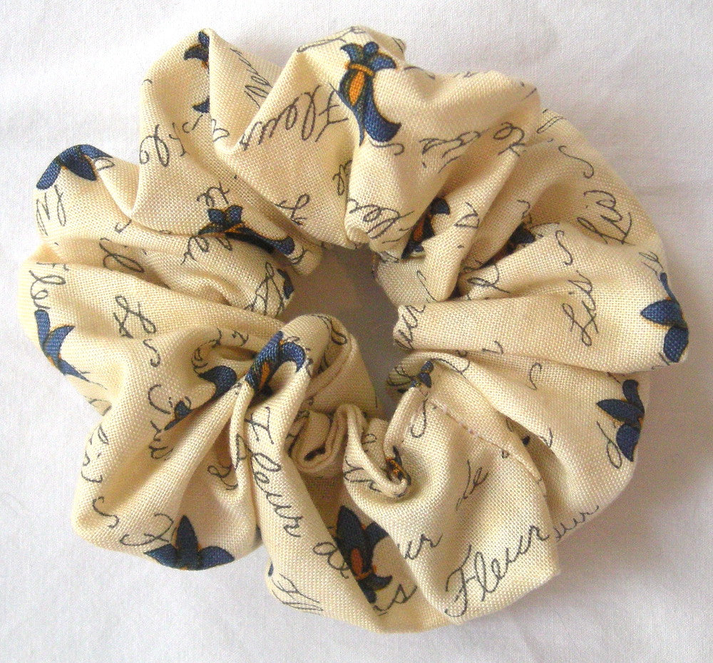 Blue Fleur de Lis on Ivory Cotton Hair Scrunchy - Small