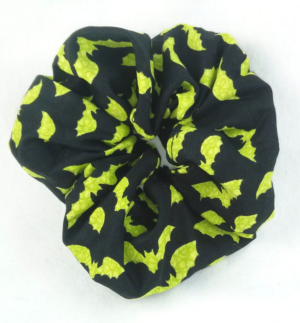 Green Bats on Black Cotton Scrunchy - Regular