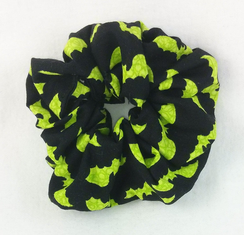 Green Bats on Black Cotton Scrunchy - Small