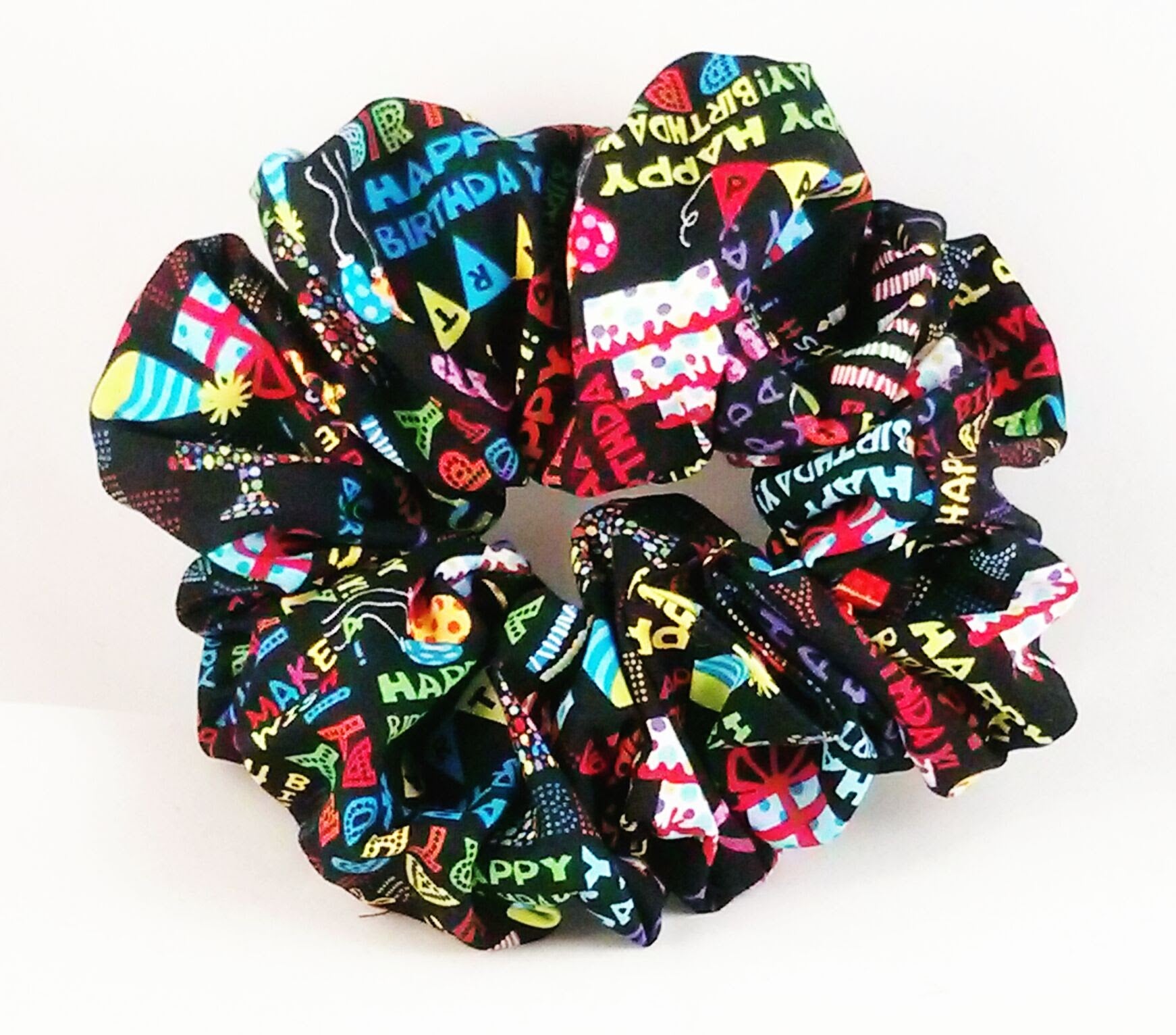 Happy Birthday on Black Cotton Scrunchy - Jumbo