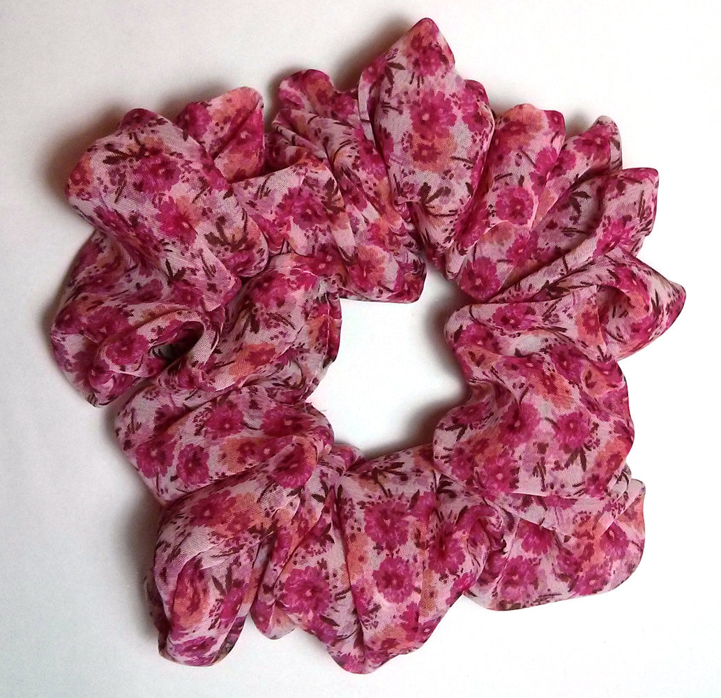 Pink, Rose, Peach Floral Chiffon Scrunchy - Full