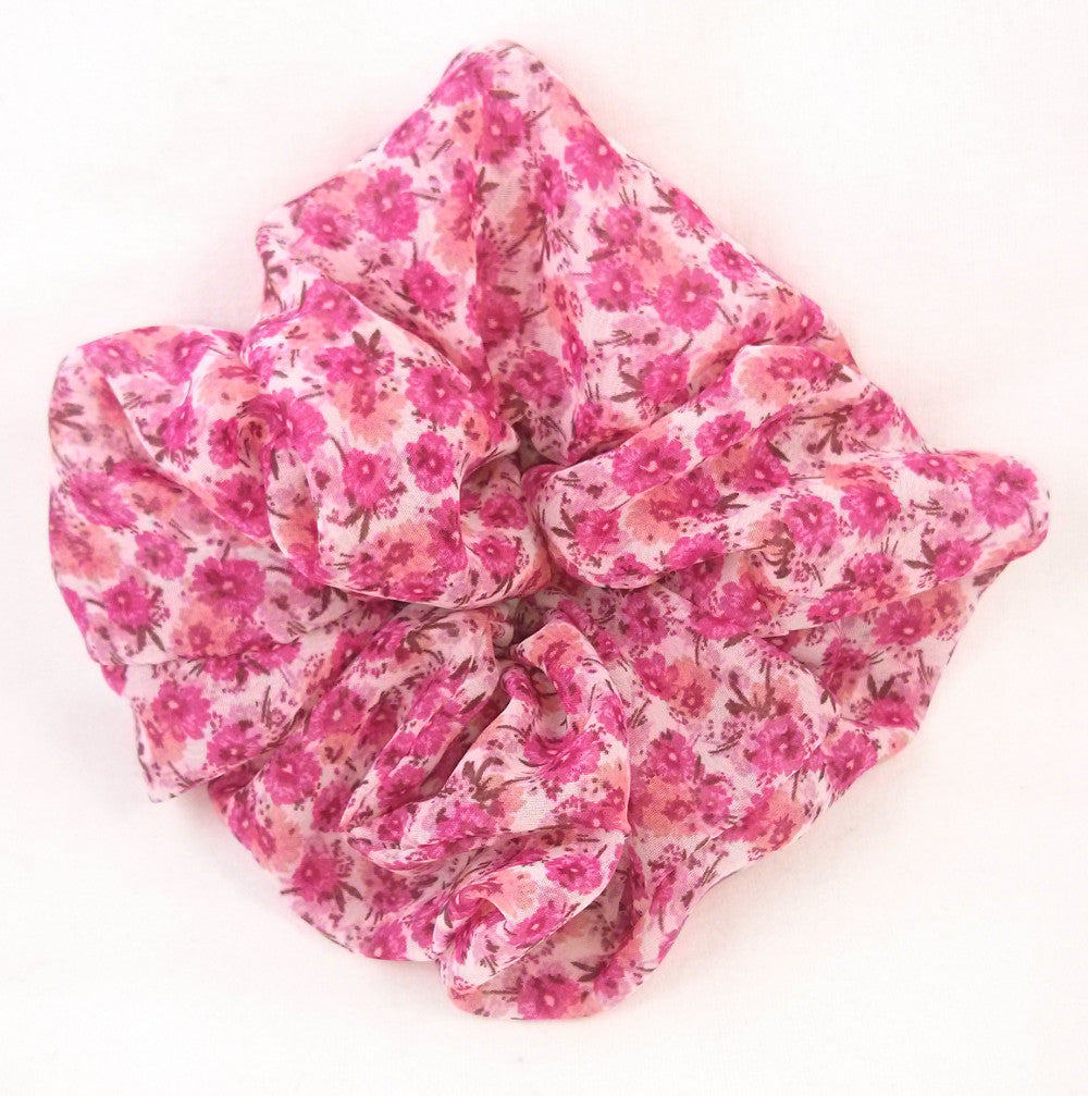 Pink, Rose, Peach Floral Chiffon Scrunchy - Large