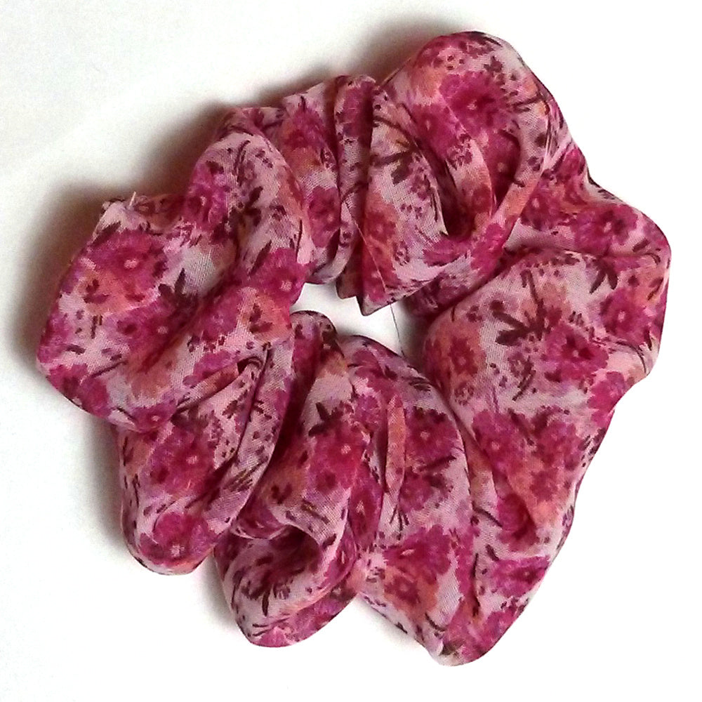 Pink, Rose, Peach Floral Chiffon Scrunchy - Small