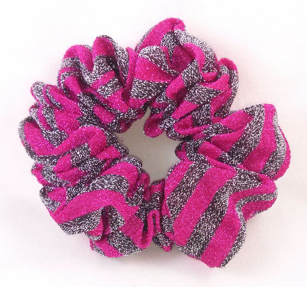Black and Fuschia Striped Sparkly Hair Scrunchies - Jumbo
