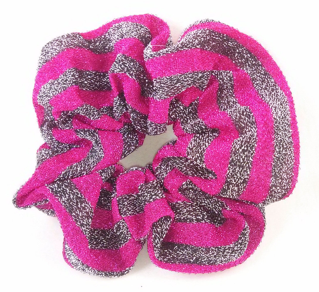Black and Fuschia Striped Sparkly Hair Scrunchies - Large