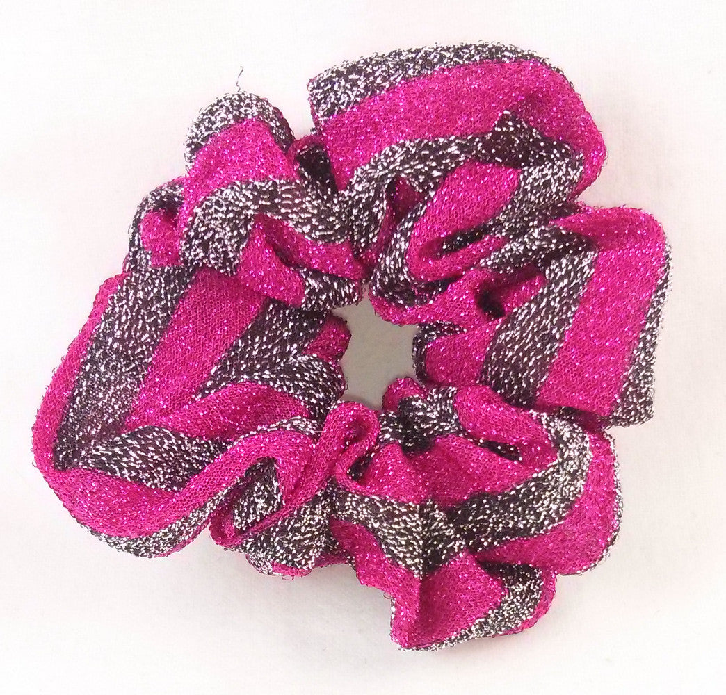 Black and Fuschia Striped Sparkly Hair Scrunchies - Regular