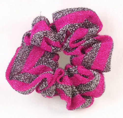Black and Fuschia Striped Sparkly Hair Scrunchies - Regular
