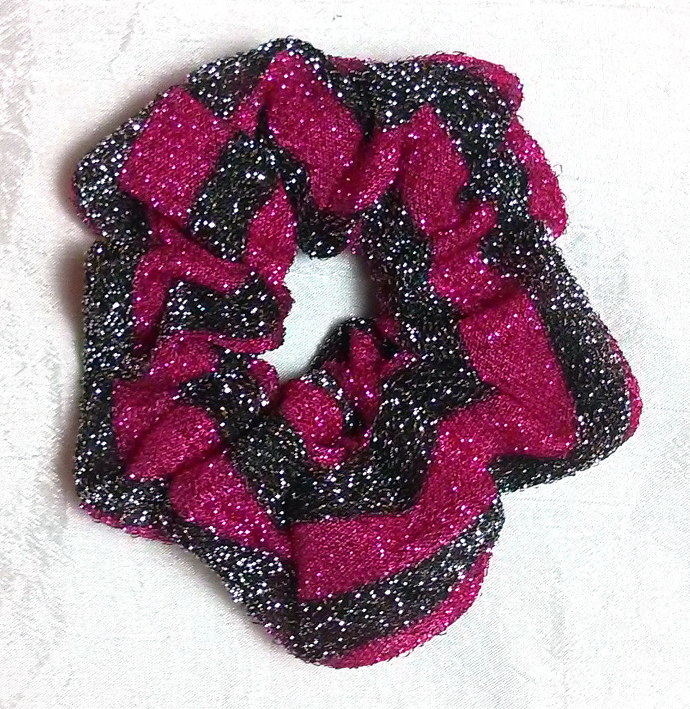 Black and Fuschia Striped Sparkly Hair Scrunchies - Small