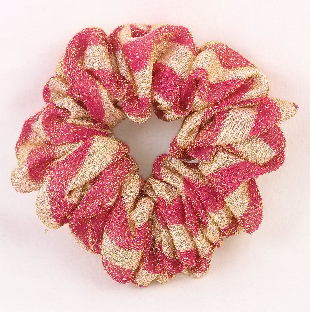 Fuchsia and Gold  Striped Sparkly Hair Scrunchies - Full