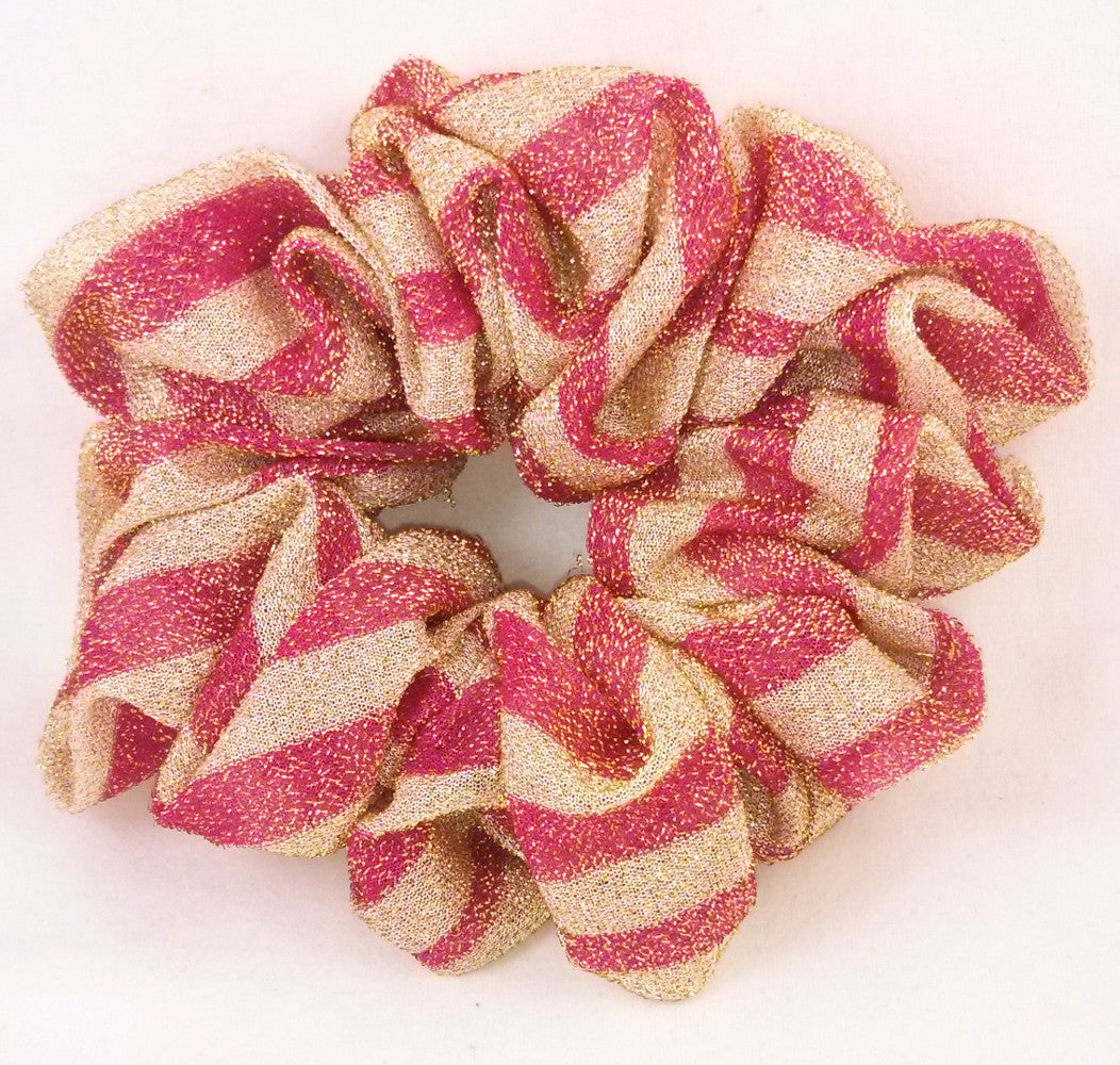 Fuchsia and Gold  Striped Sparkly Hair Scrunchies - Jumbo