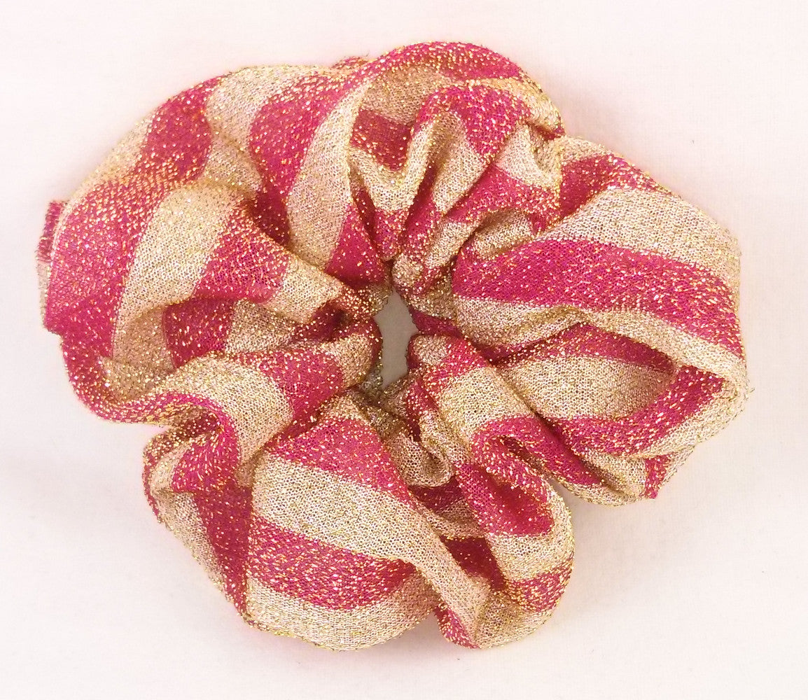 Fuchsia and Gold  Striped Sparkly Hair Scrunchies - Large