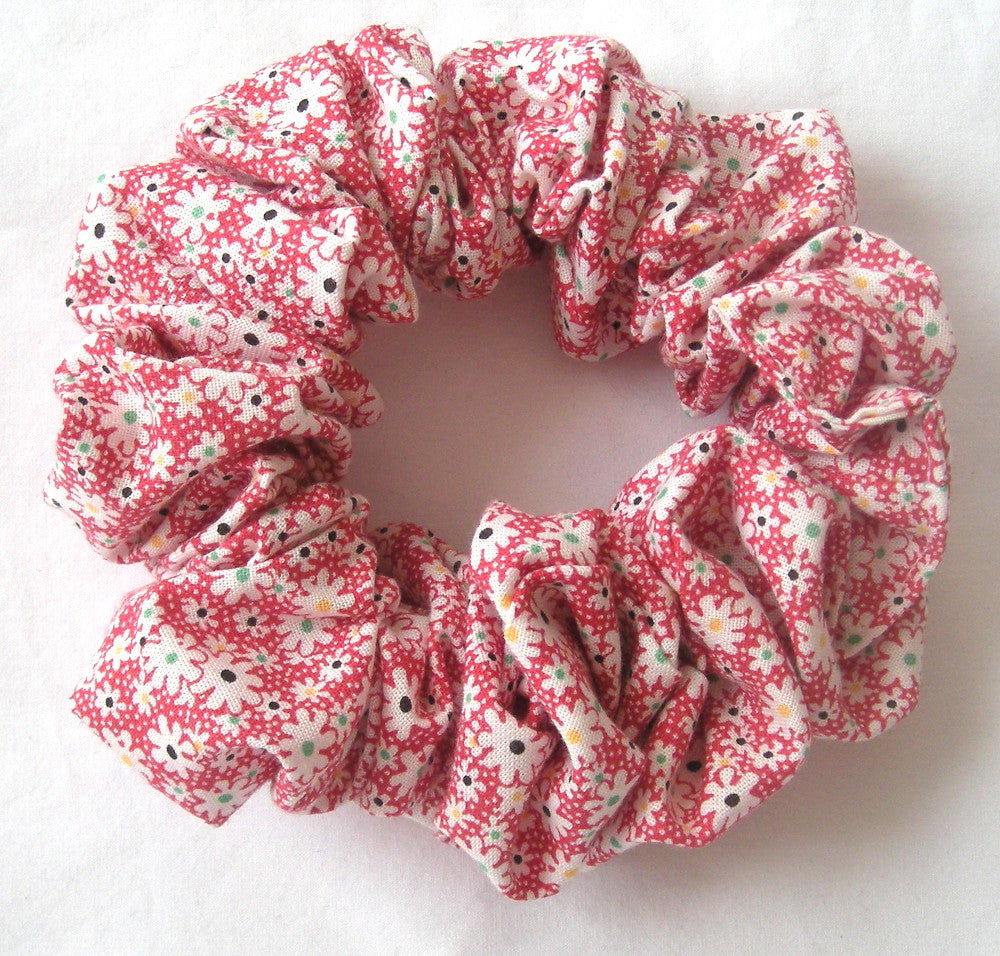 Red Blossoms on White Print Cotton Scrunchy - Full