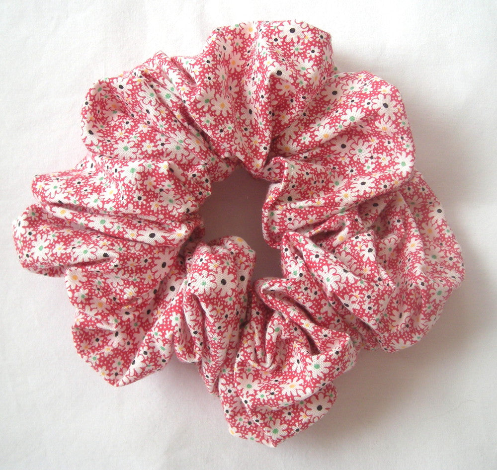 Red Blossoms on White Print Cotton Scrunchy - Jumbo