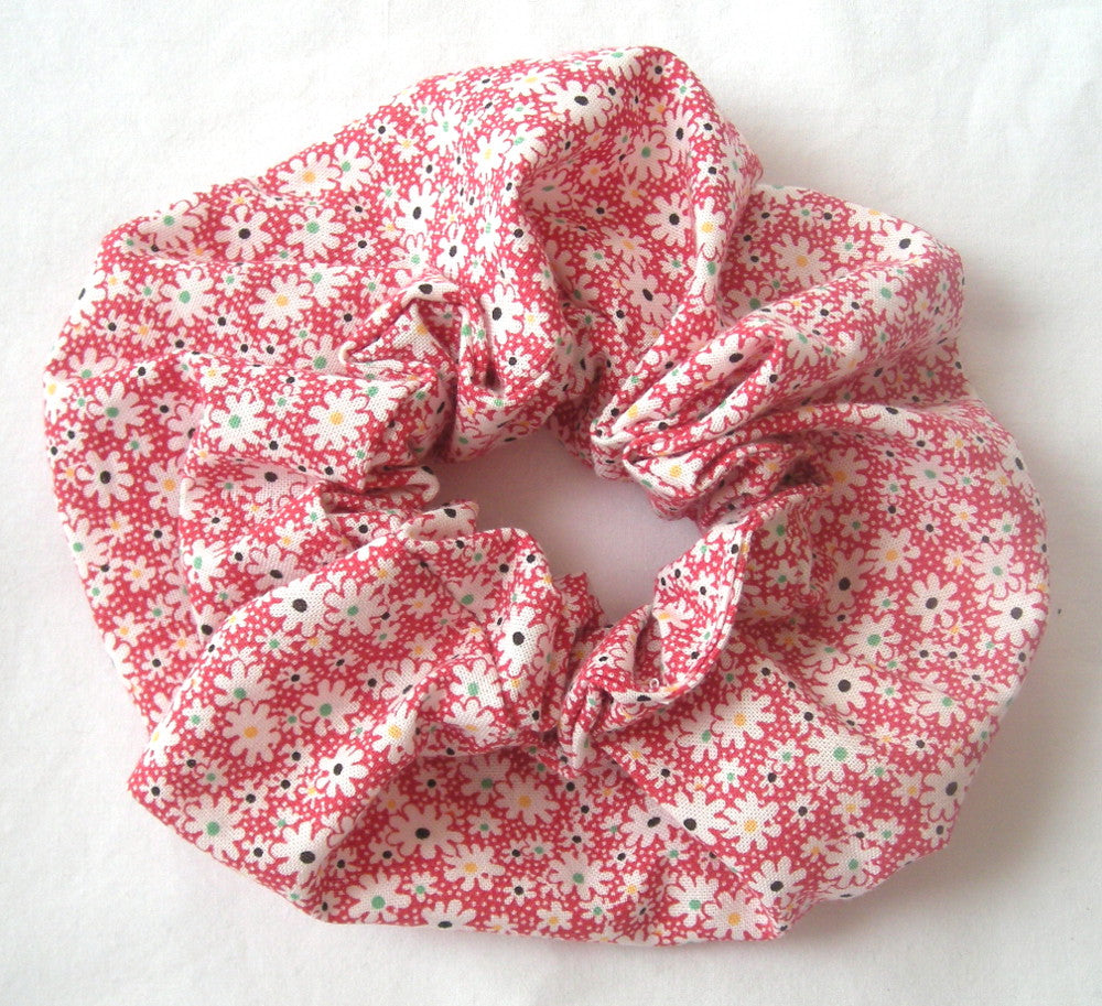 Red Blossoms on White Print Cotton Scrunchy - Large