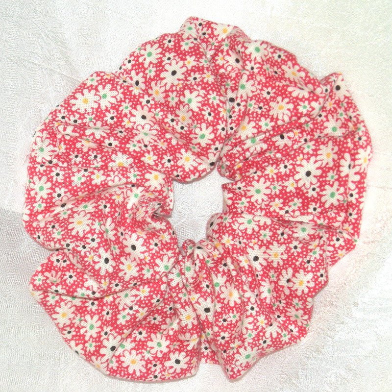 Red Blossoms on White Print Cotton Scrunchy - Regular