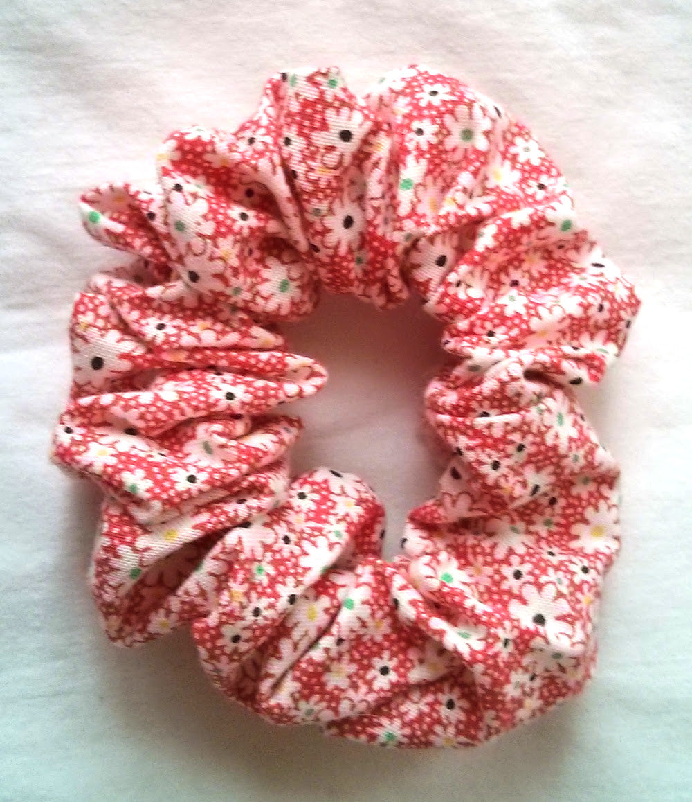 Red Blossoms on White Print Cotton Scrunchy - Small