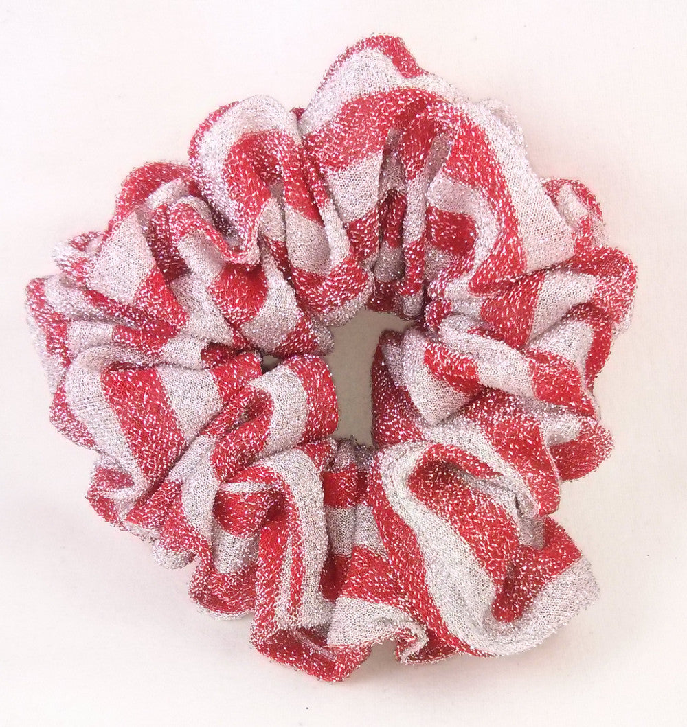 Red and White Striped Sparkly Hair Scrunchies - Jumbo