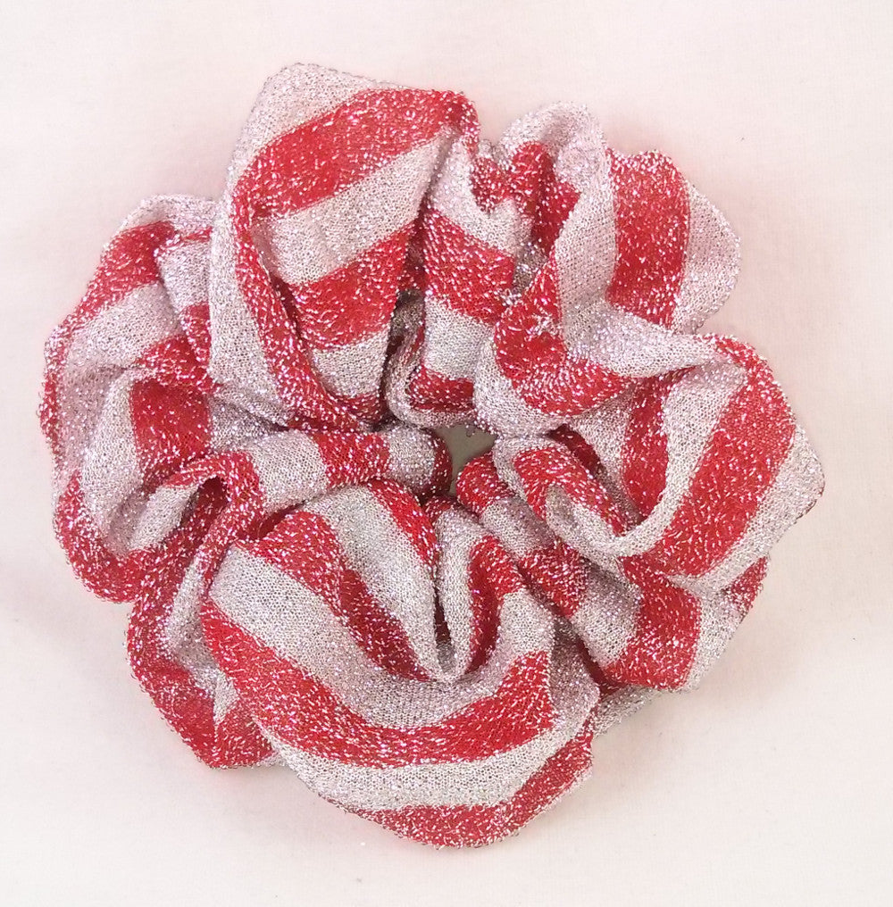 Red and White Striped Sparkly Hair Scrunchies - Large