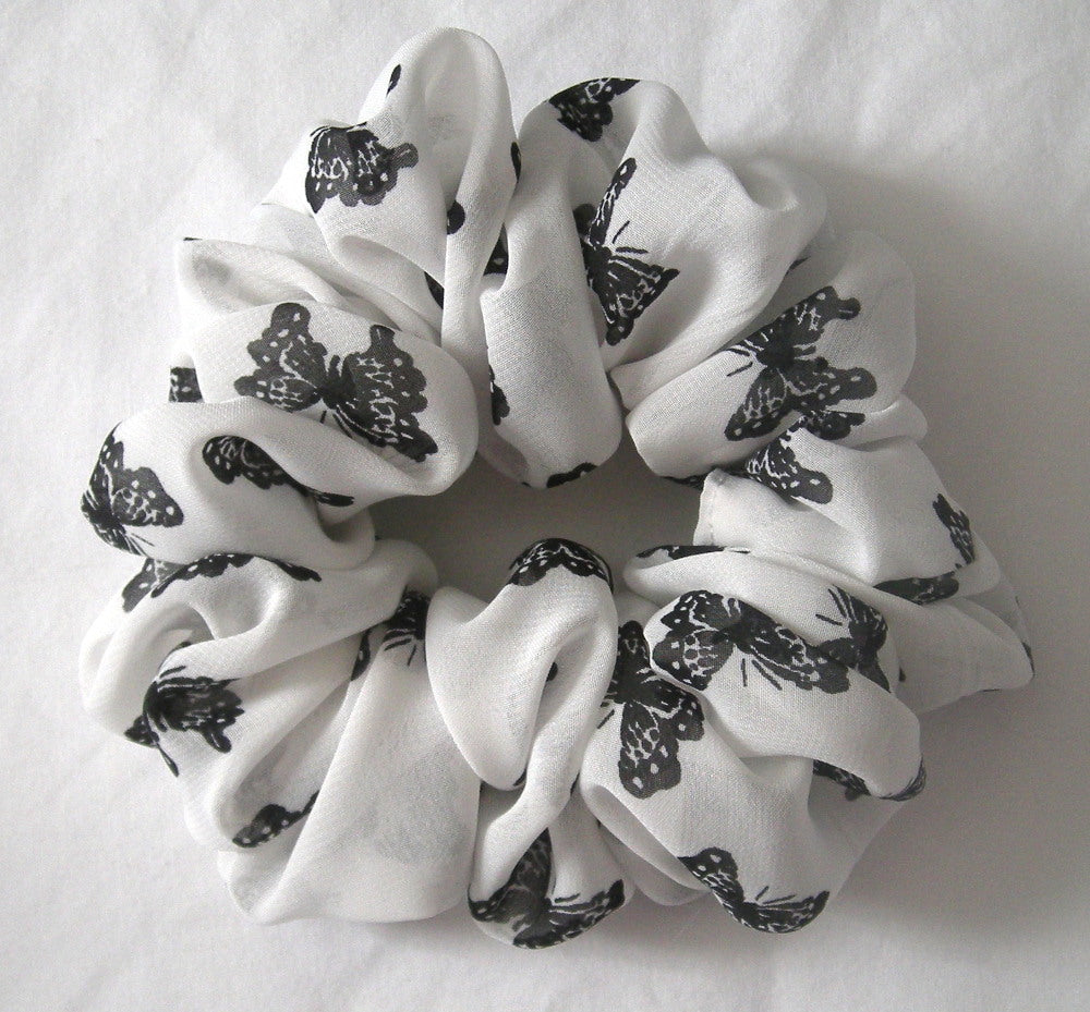 White with Black Butterfly Chiffon Hair Scrunchy - Full