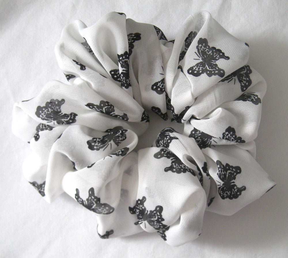 White with Black Butterfly Chiffon Hair Scrunchy - Jumbo