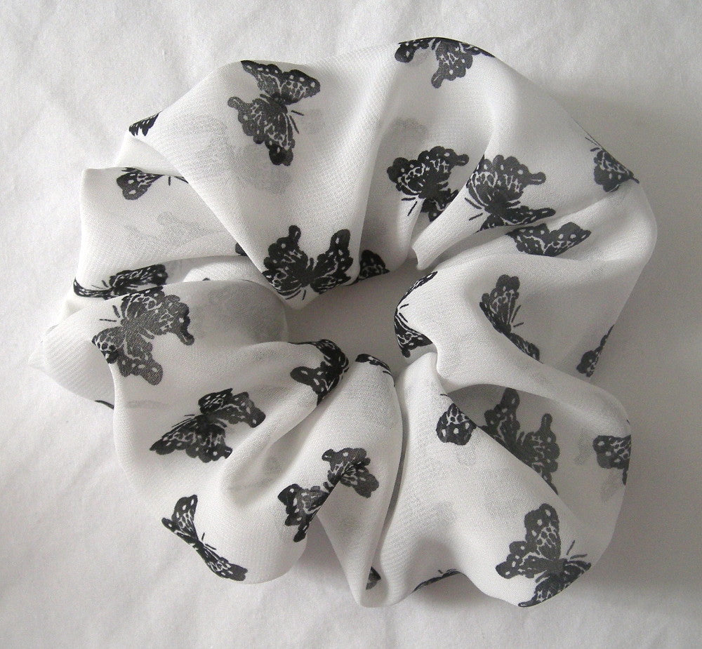 White with Black Butterfly Chiffon Hair Scrunchy - Large