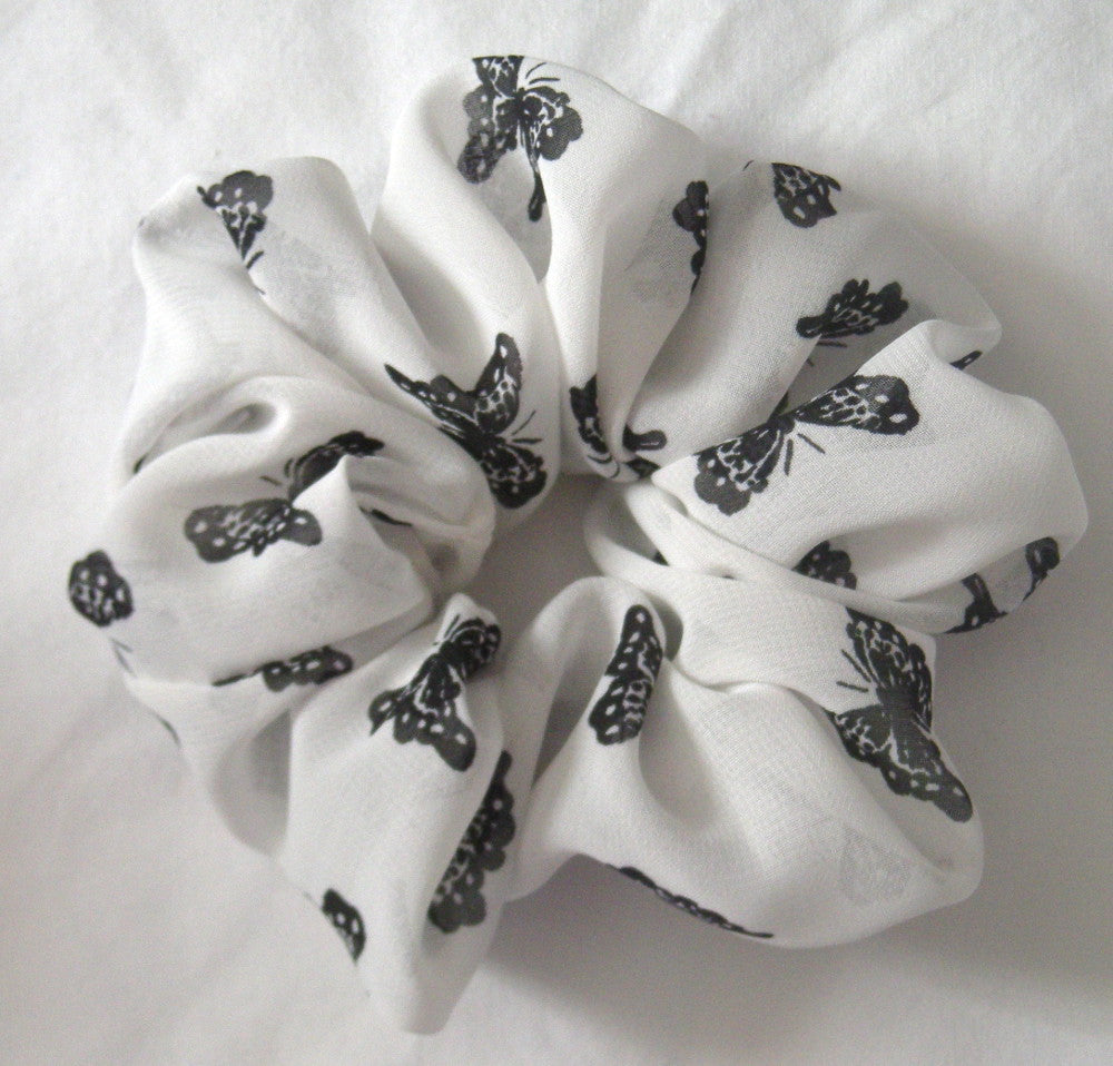 White with Black Butterfly Chiffon Hair Scrunchy - Regular